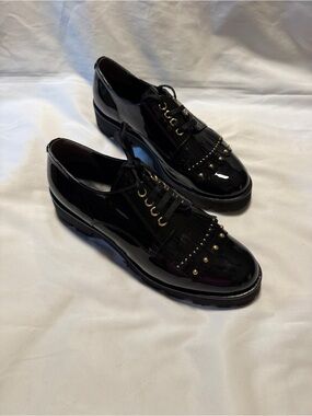 Baldinini Italy Black Patent Lug Sole Fringe Oxfords EU 40 Studded